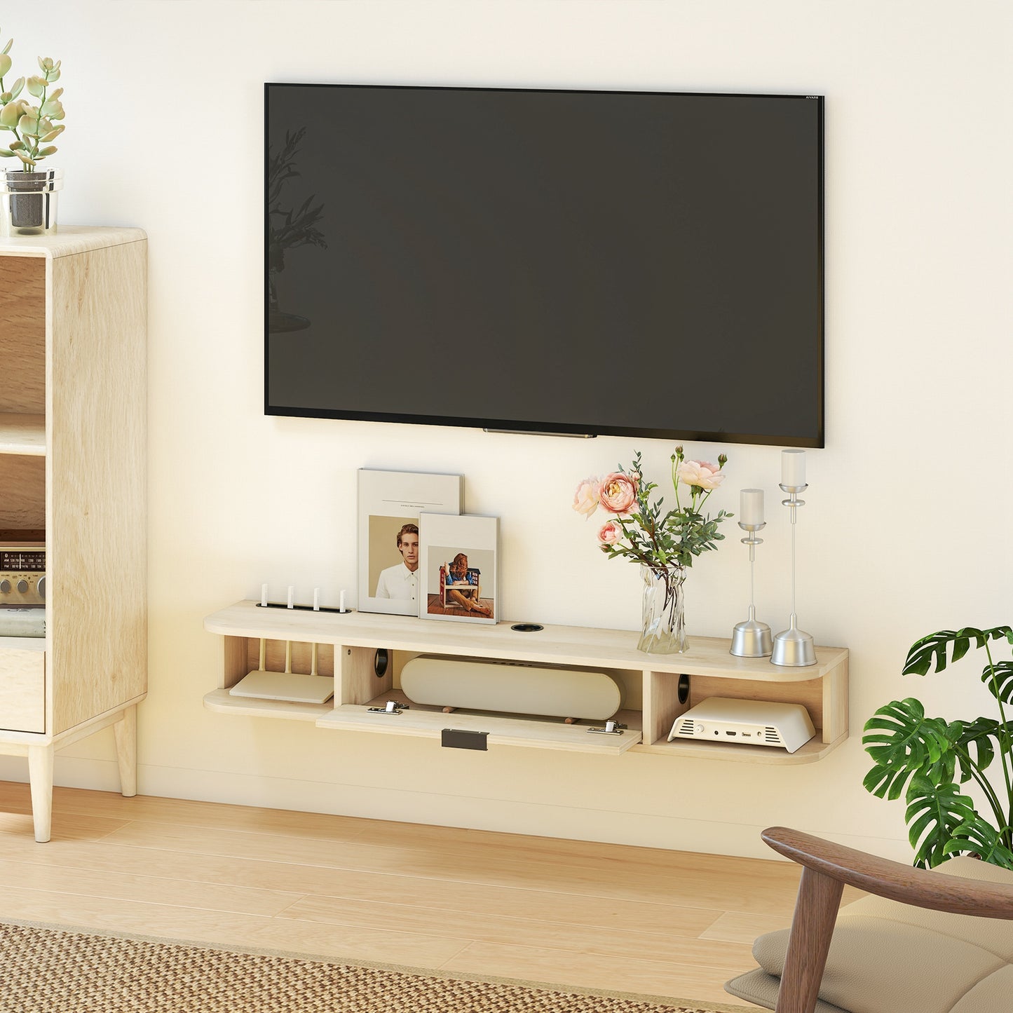 120 cm Floating TV Unit with Flip Drawer and Shelves, Natural