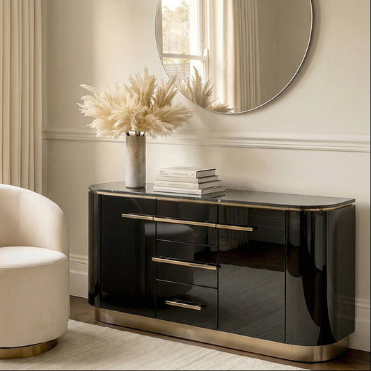 Anastasia Black Glass Sideboard with Brass Details