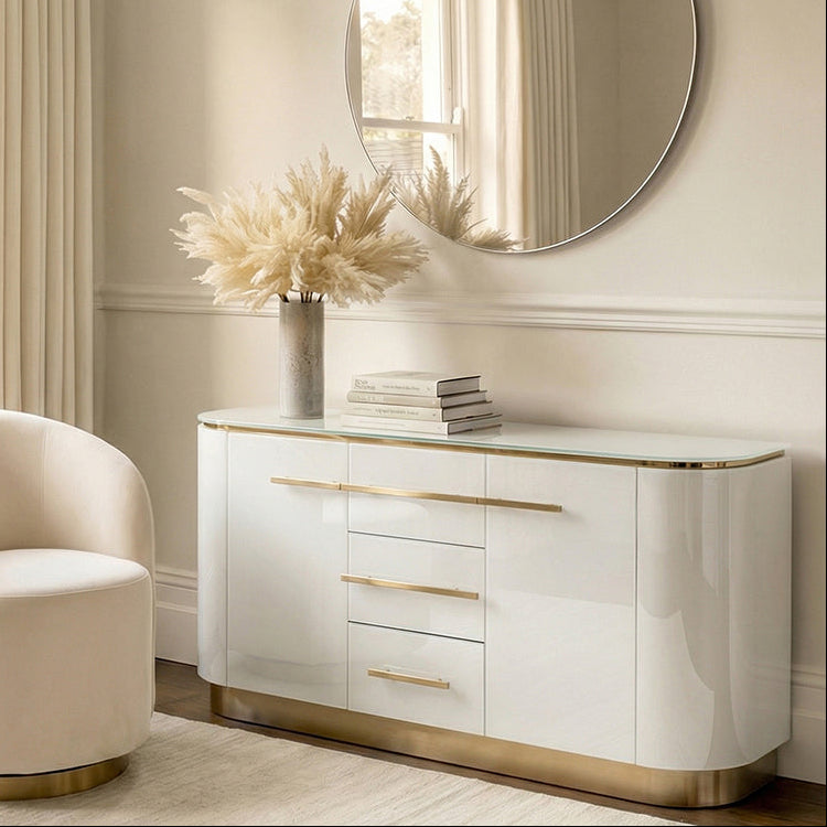 Anastasia White Glass Sideboard with Brass Details