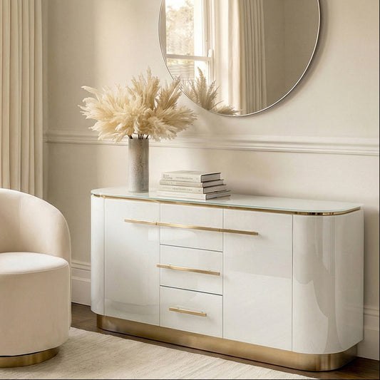 Anastasia White Glass Sideboard with Brass Details