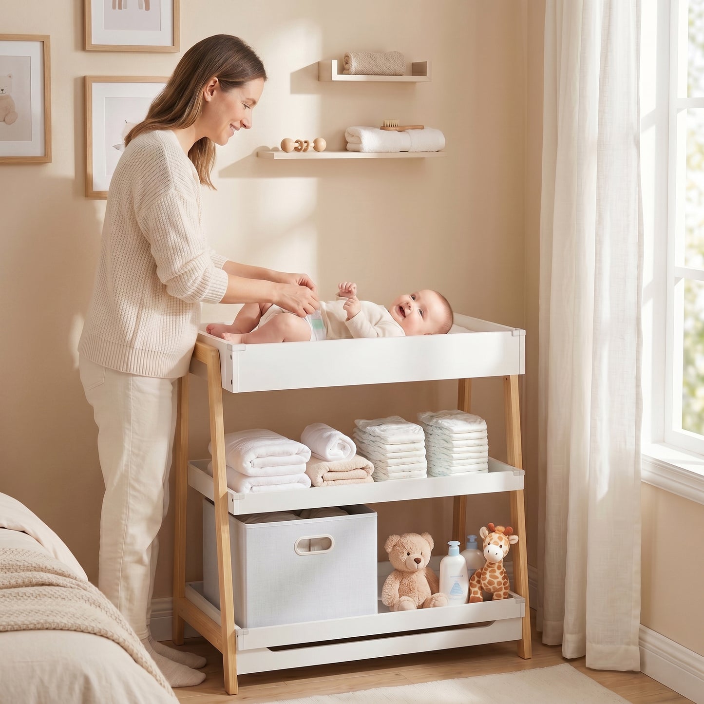 Baby Changing Table with 2 Storage Shelves, Nursery Diaper Baby Changing Unit with Waterproof Changing Mat for 0-12 Months (max. 14 kg), Infant Care Station for Bedroom Nursery, White