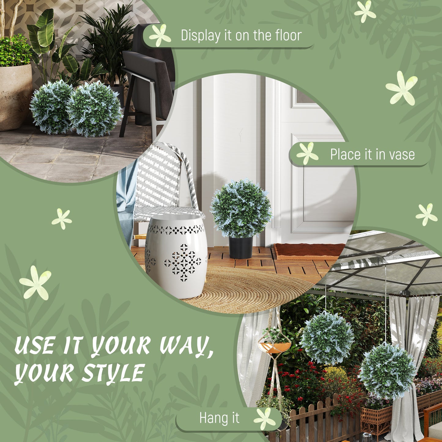 Set of 2 Artificial Plant Topiary Balls, Faux Plants, Blue