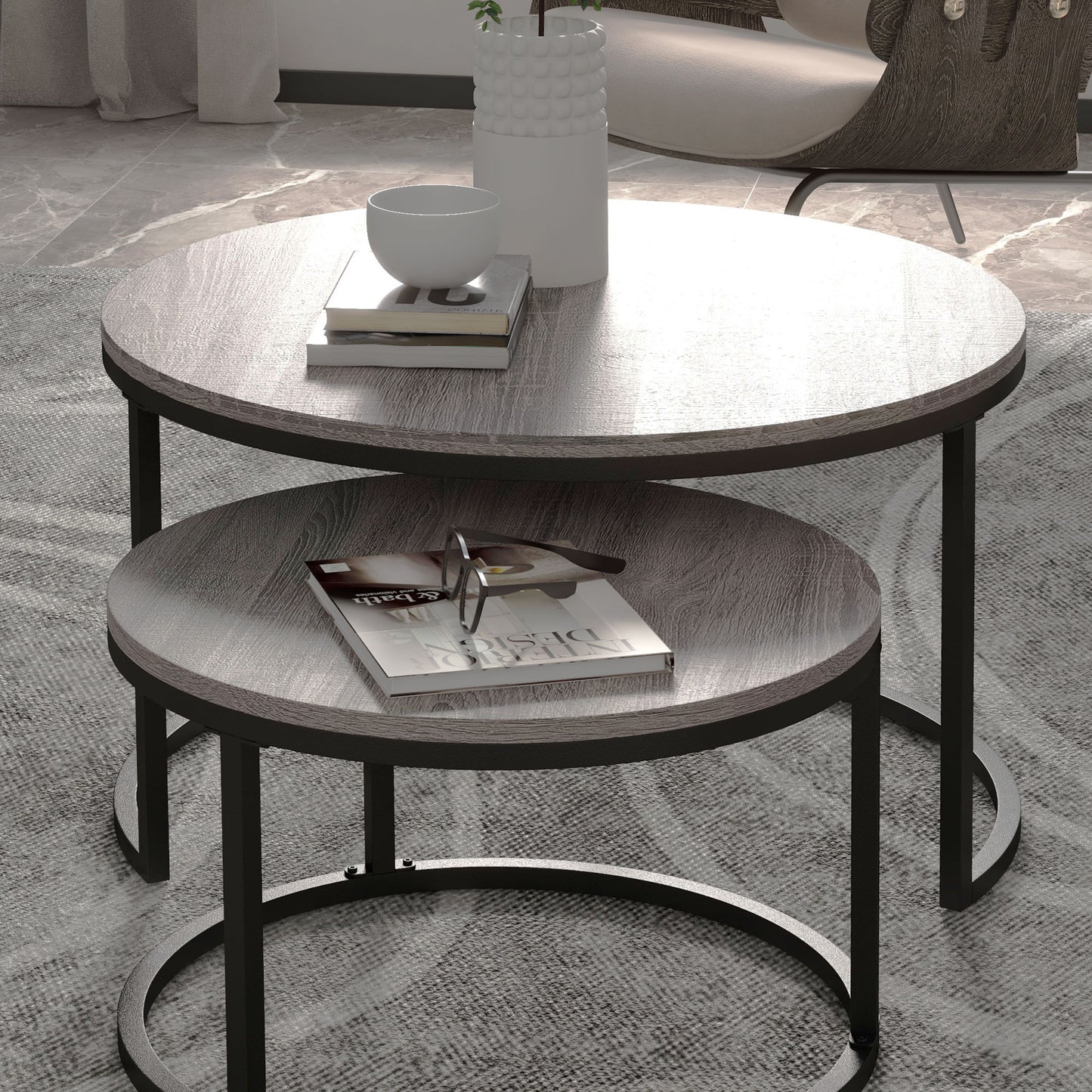 2 Pcs Stacking Coffee Table Set Steel Frame Wood Effect Top Foot Pads