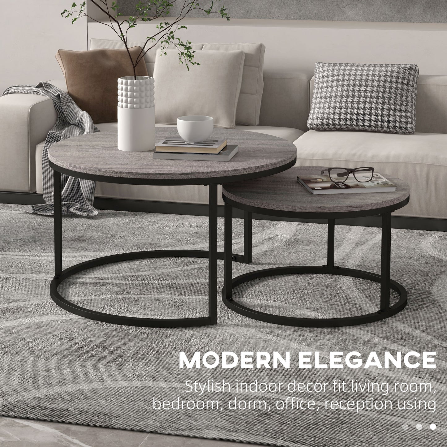 2 Pcs Stacking Coffee Table Set Steel Frame Wood Effect Top Foot Pads
