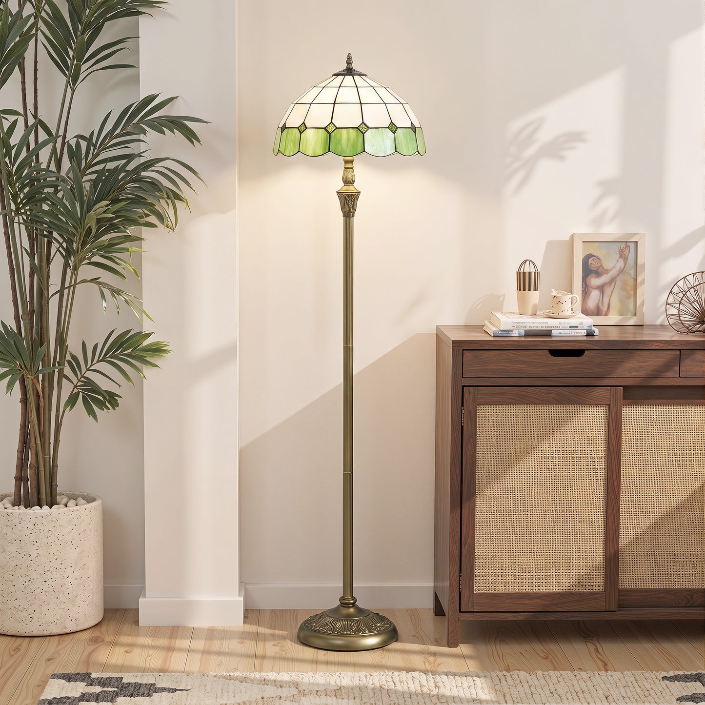Tiffany-Style Floor Lamp with Glass Shade, Bronze Tone and Green