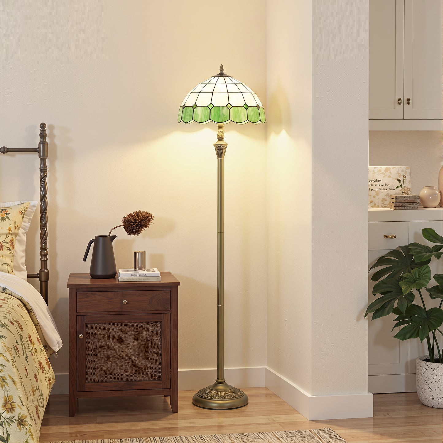 Tiffany-Style Floor Lamp with Glass Shade, Bronze Tone and Green