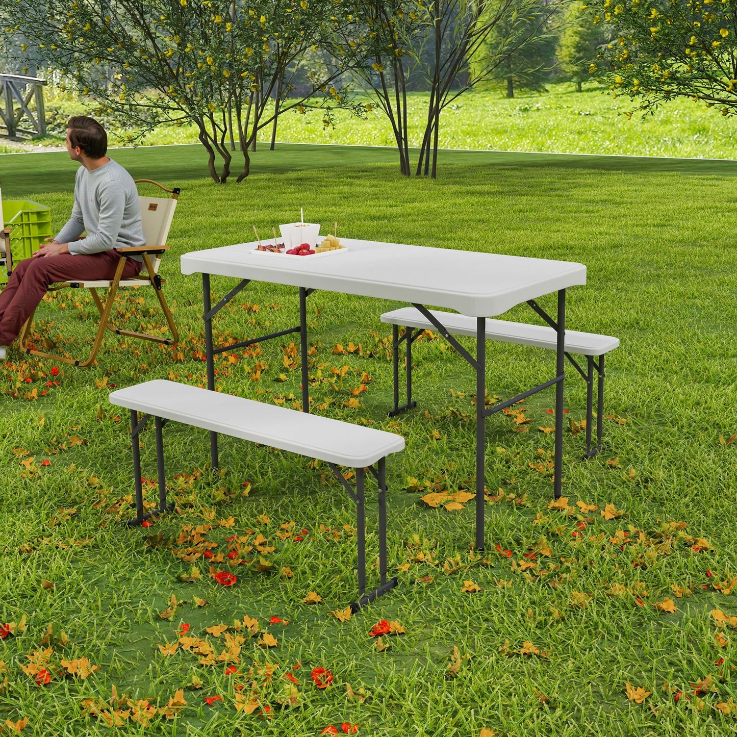 3 Piece Folding Picnic Table and Bench Set w/ Handle, Light Grey