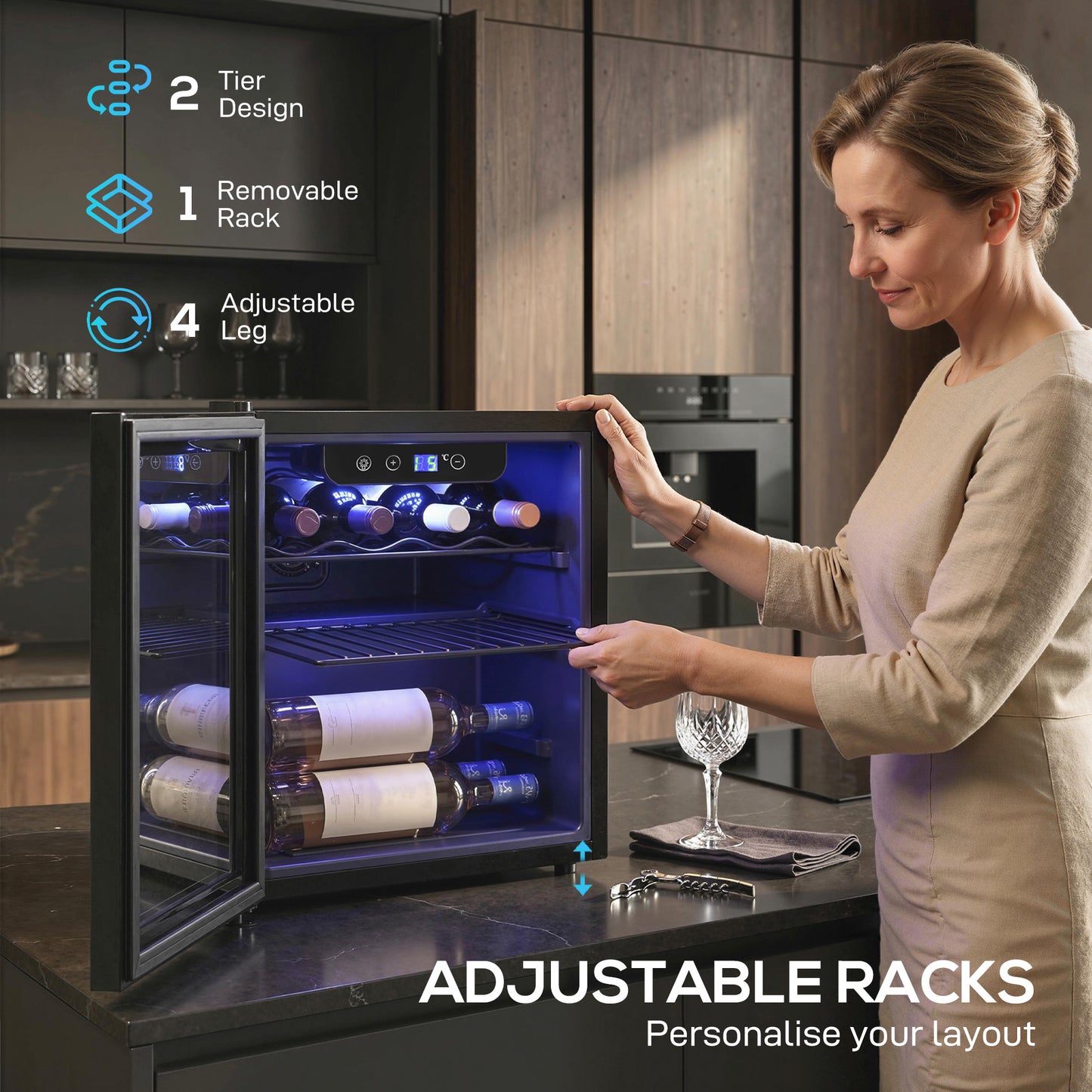 12 Bottle Wine Cooler, 4-16°C Under Counter Drinks Beer Wine Fridge
