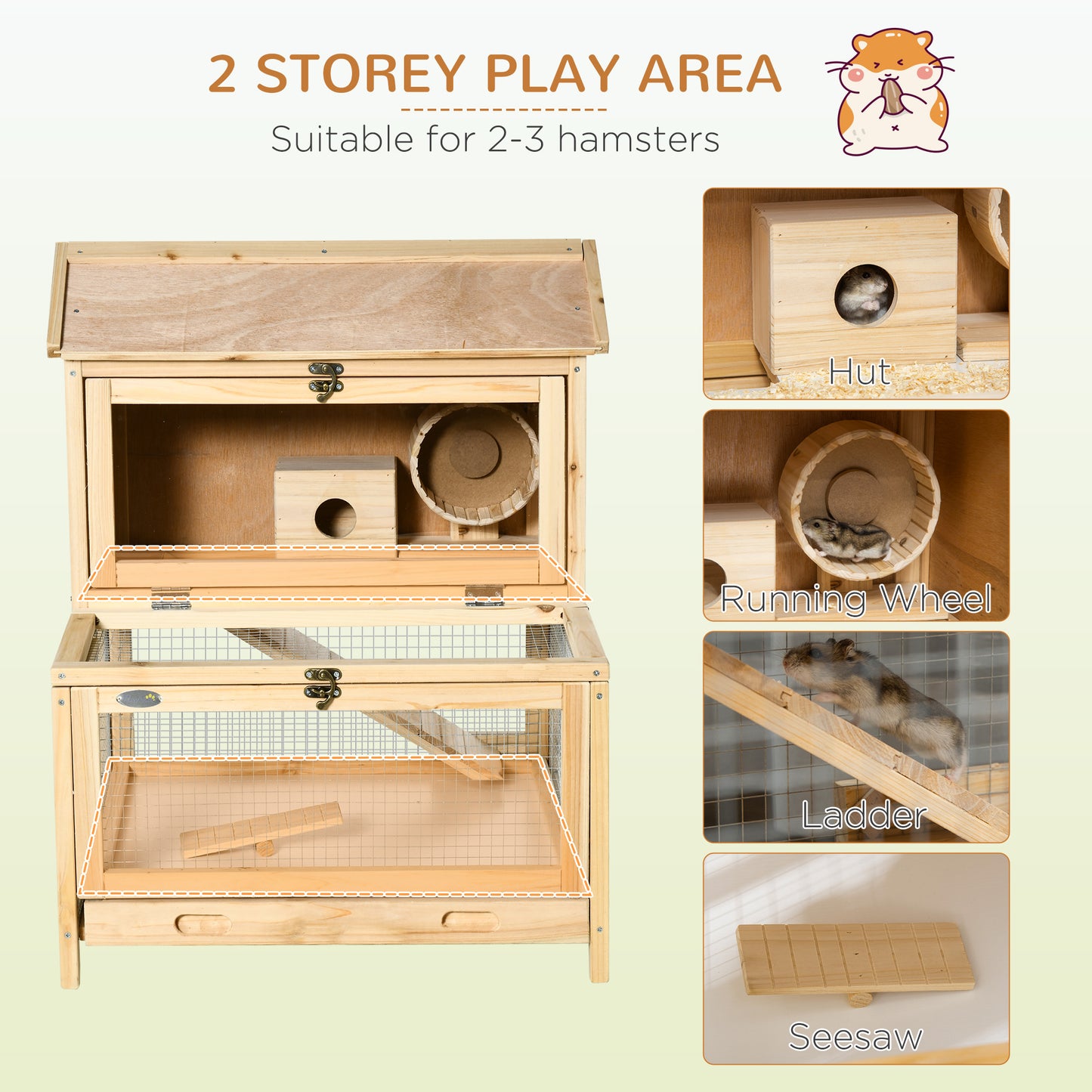 Wooden Hamster Cage w/ Tray, Running Wheel, Seesaw, Ladder - Natural