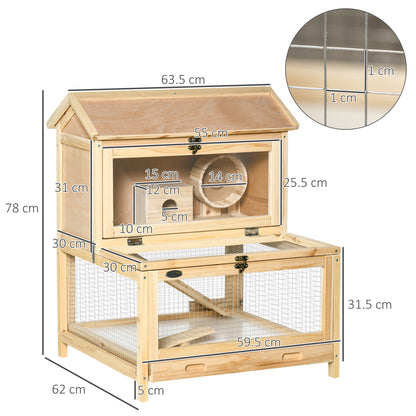 Wooden Hamster Cage w/ Tray, Running Wheel, Seesaw, Ladder - Natural