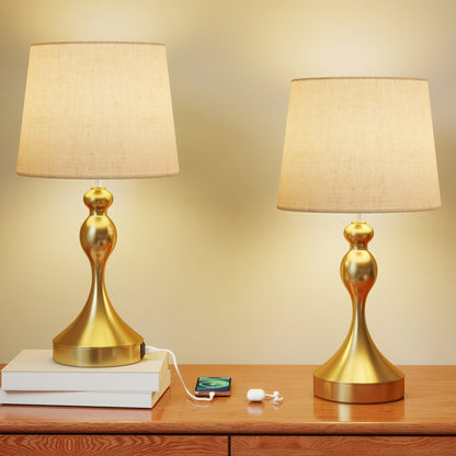 Table Lamps Set of 2, Modern Bedside Lamps with USB Ports, Gold Tone