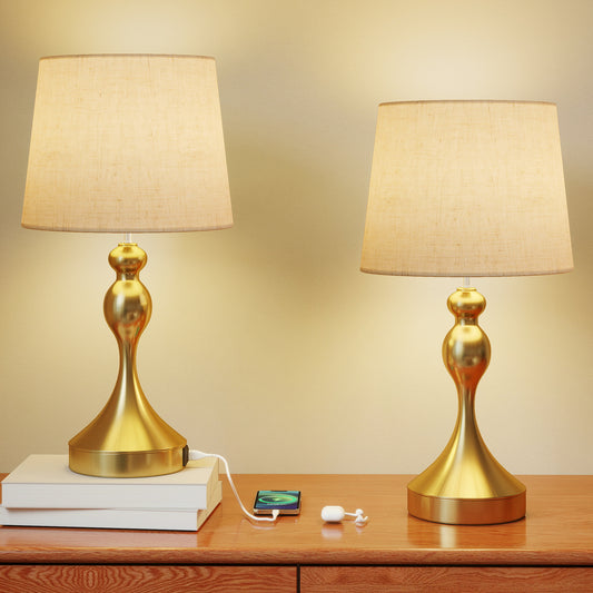 Table Lamps Set of 2, Modern Bedside Lamps with USB Ports, Gold Tone