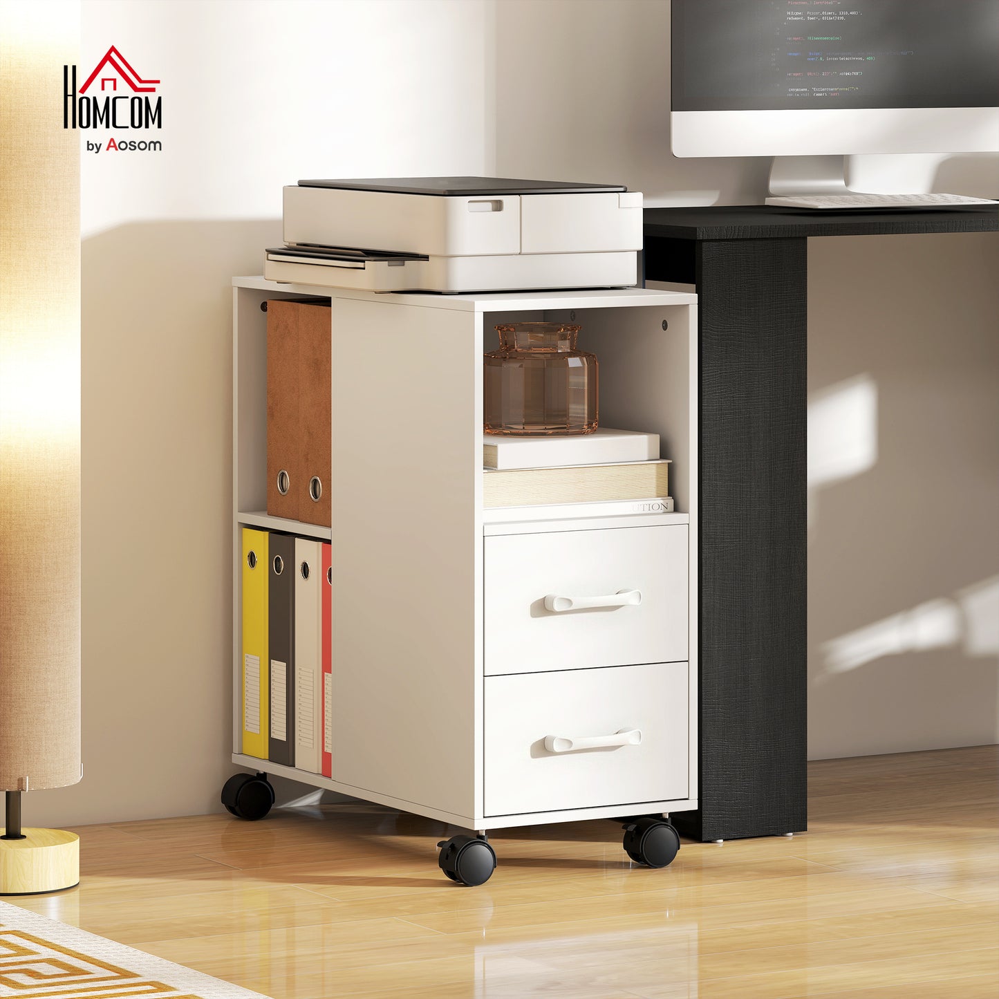 Mobile Printer Table with Drawers on Wheels for Home Office, White