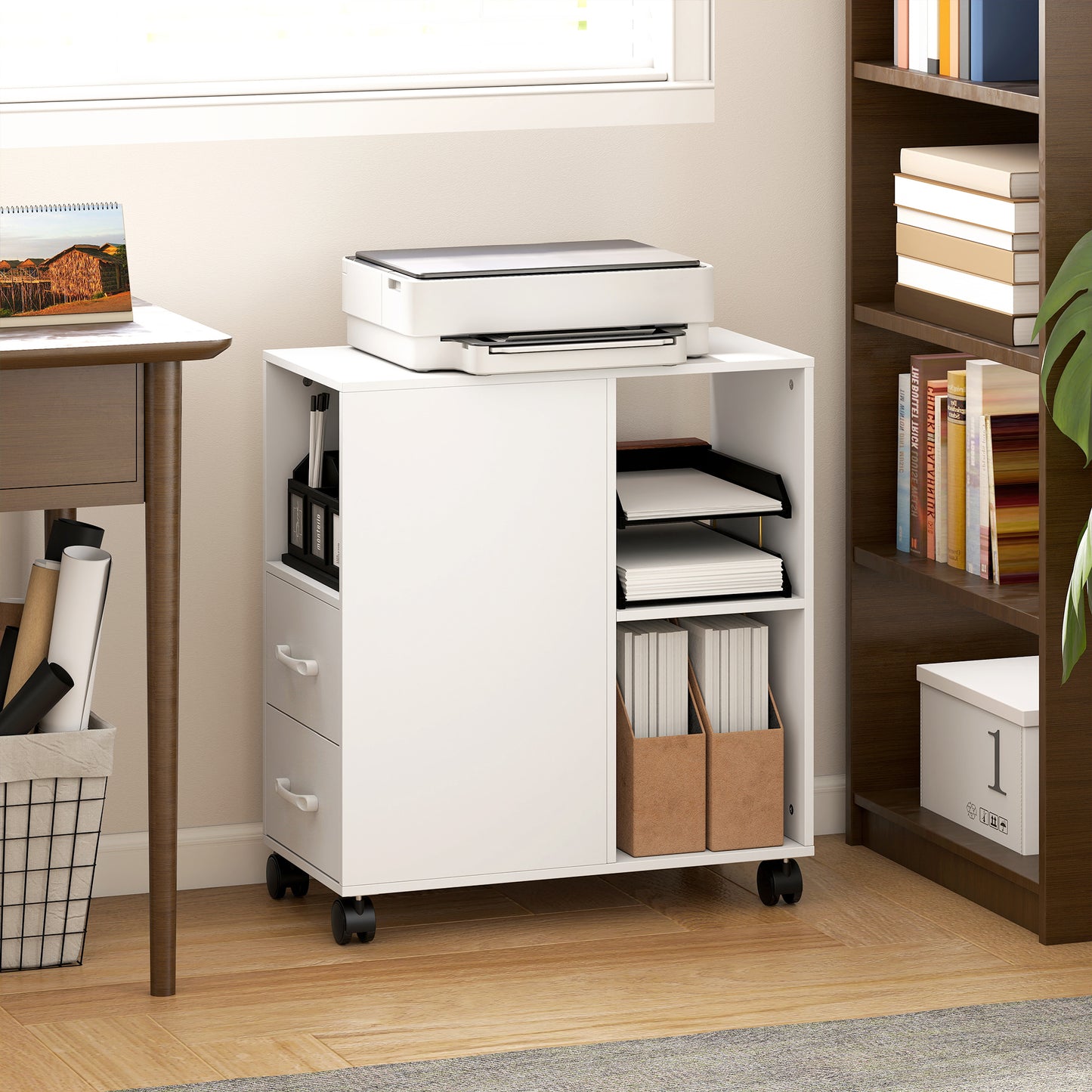 Mobile Printer Table with Drawers on Wheels for Home Office, White