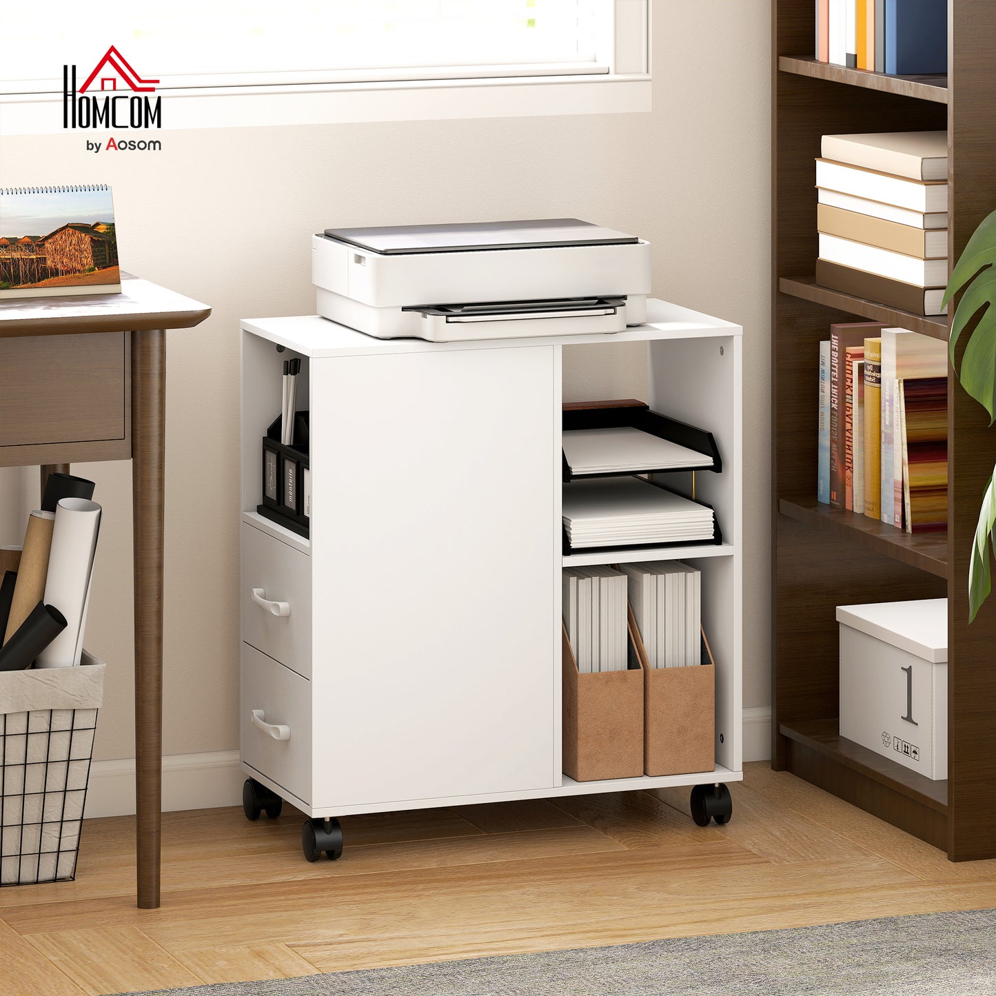Mobile Printer Table with Drawers on Wheels for Home Office, White