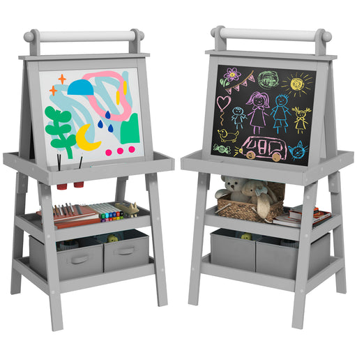 Double-Sided Art Easel for Kids w/ Paper Roll, Storage Baskets Grey