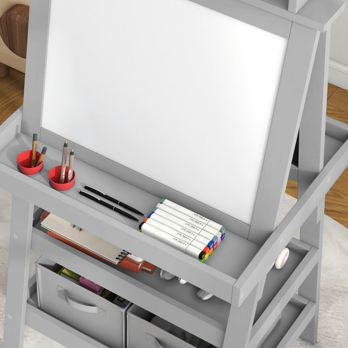 Double-Sided Art Easel for Kids w/ Paper Roll, Storage Baskets Grey