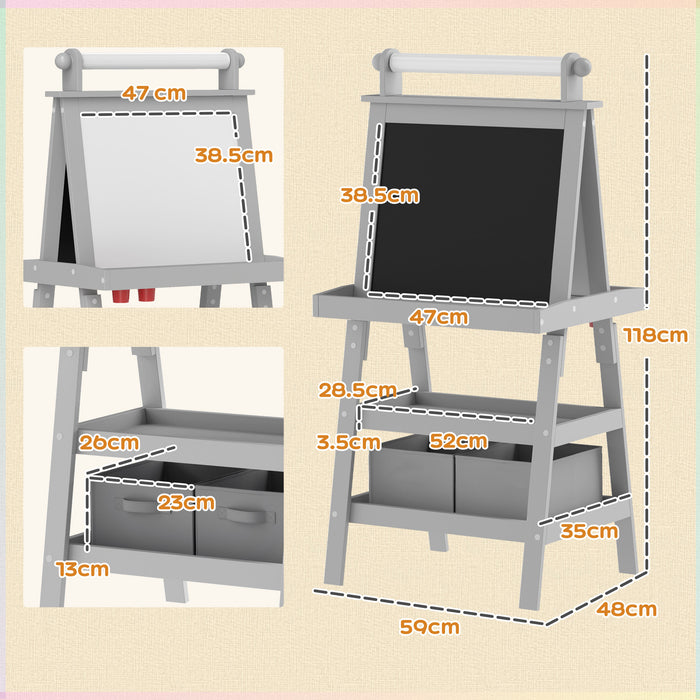 Double-Sided Art Easel for Kids w/ Paper Roll, Storage Baskets Grey