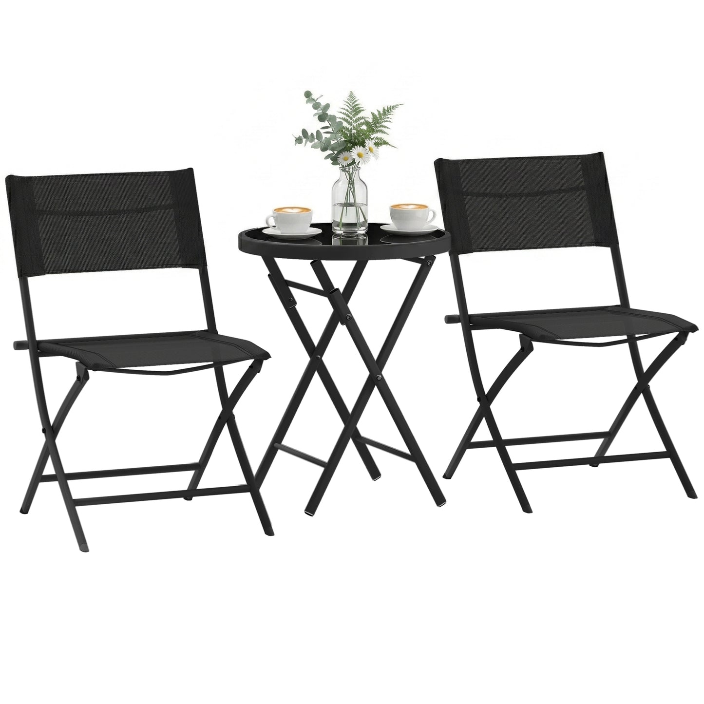 3 Pieces Outdoor Bistro Set, Glass Top Table and Chairs, Black