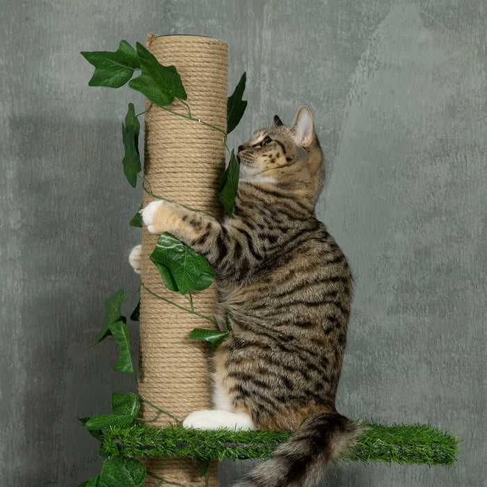 242cm Floor to Ceiling Cat Tree, Height Adjustable Kitten Tower with Anti-slip Kit, Highly Simulated Multi-Layer Activity Center Green