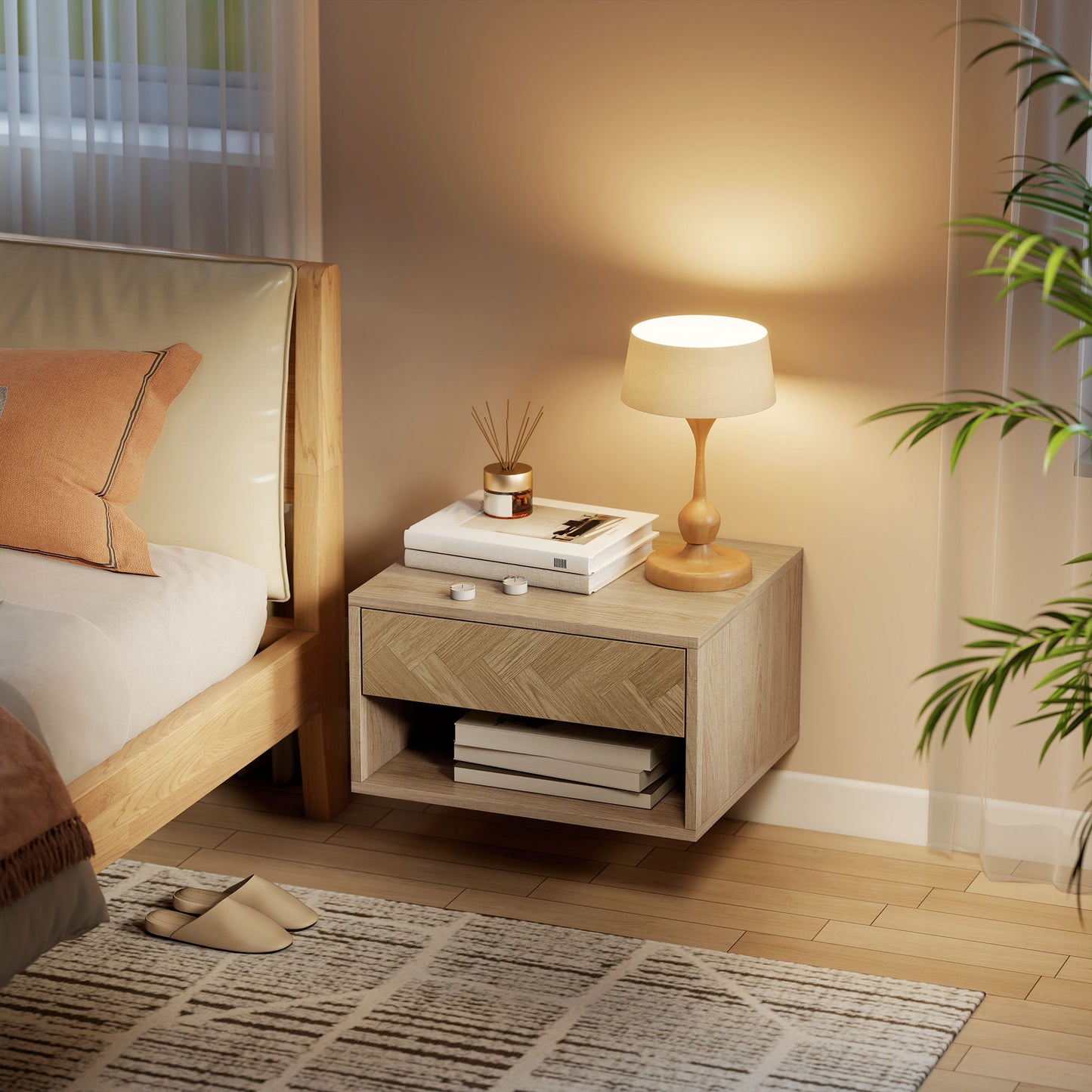 Floating Nightstands Set of 2, Bedside Table w/ Drawer and Open Shelf