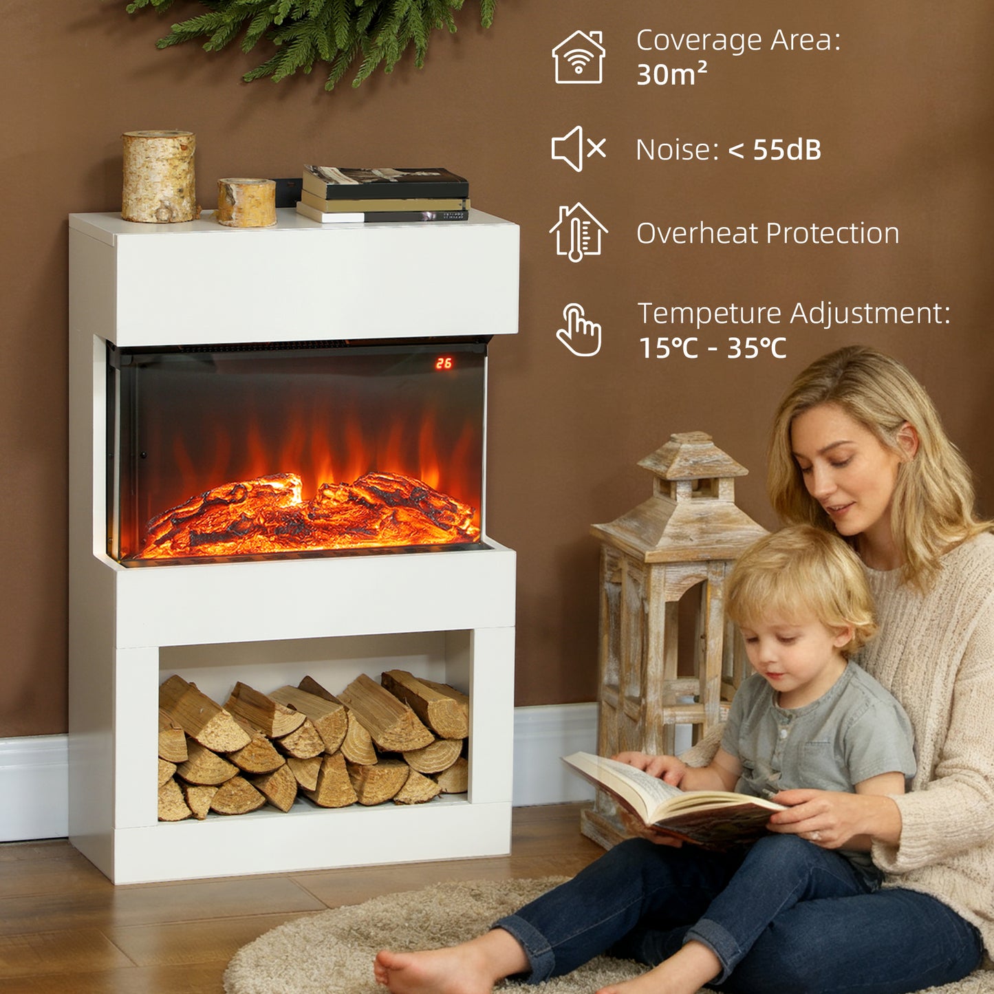 1000W/2000W Electric Fire and Mantel with Remote & Timer, White