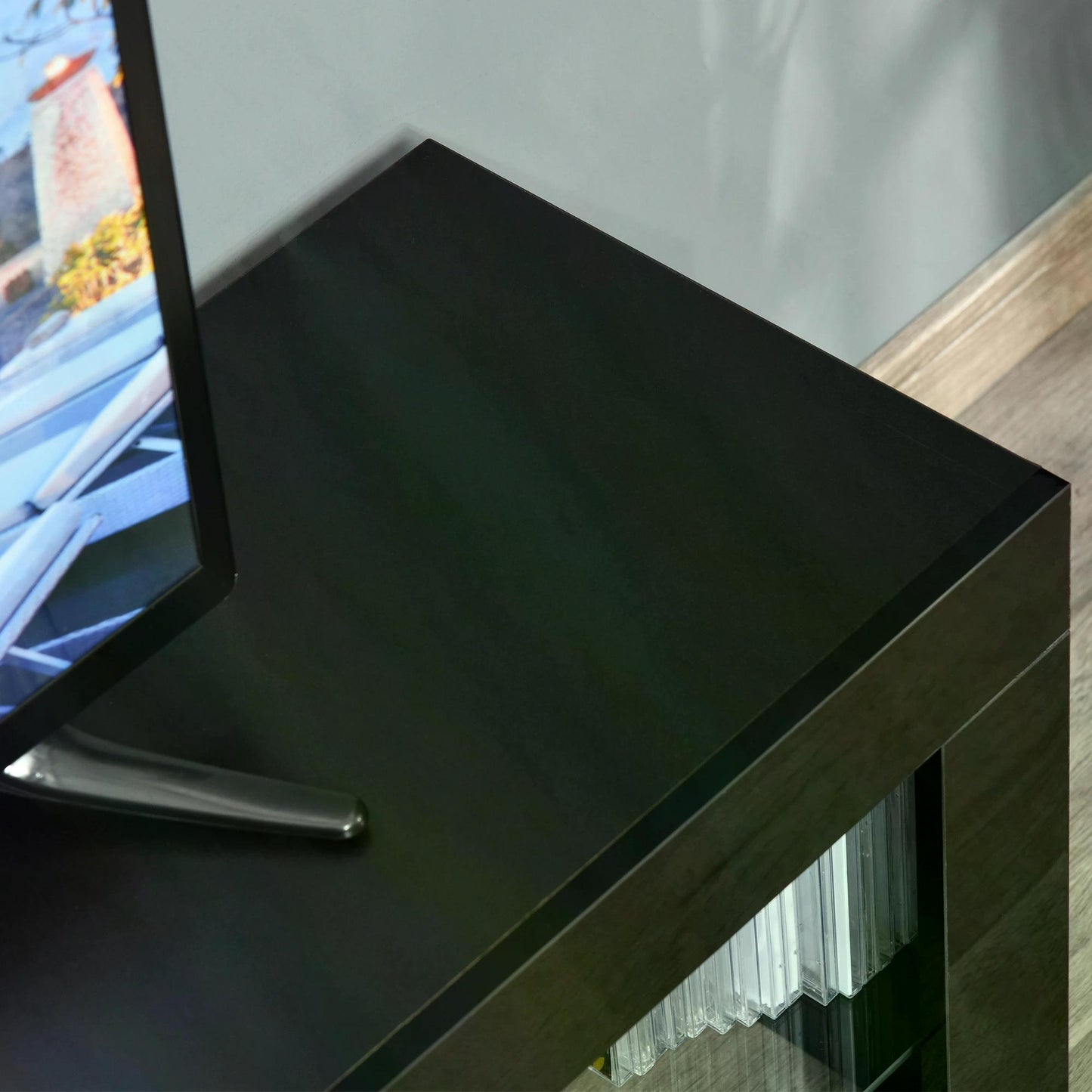 High Gloss TV Stand Cabinet with LED RGB Lights and Remote Control for 43"/50"/55" TV, Media TV Console Table with Storage Drawer and Shelf