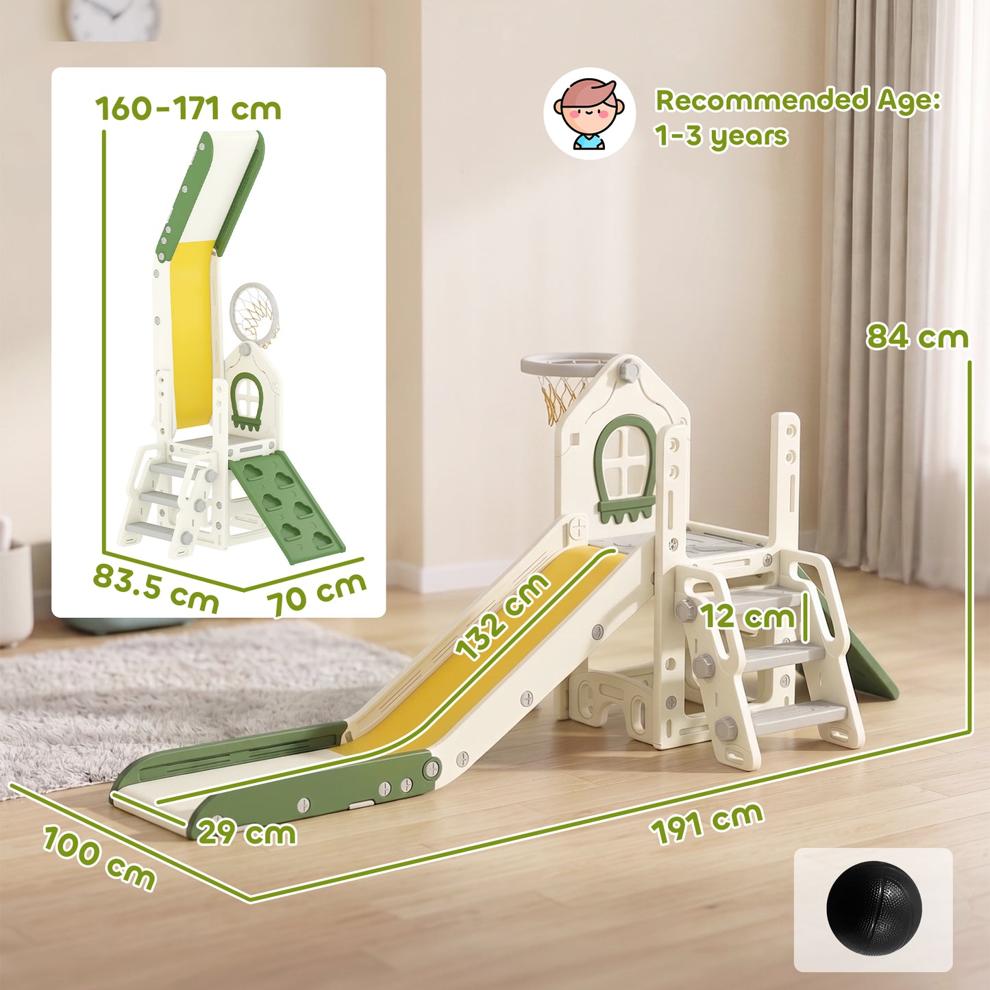 Foldable 5 in 1 Kids Slide with Climber and Basketball Hoop, Cream