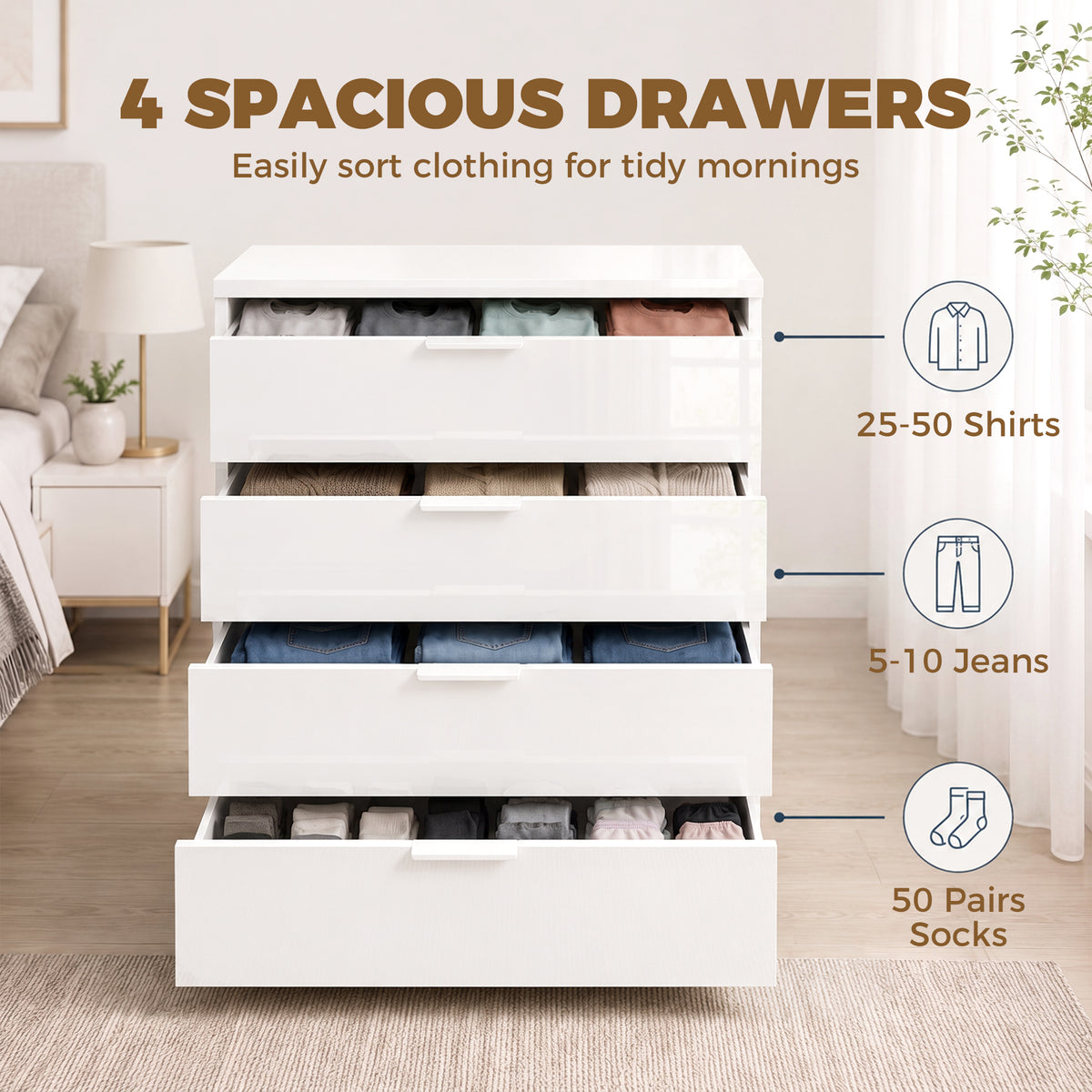 High Gloss 4-Drawer Chest of Drawers with Smooth Runners, White