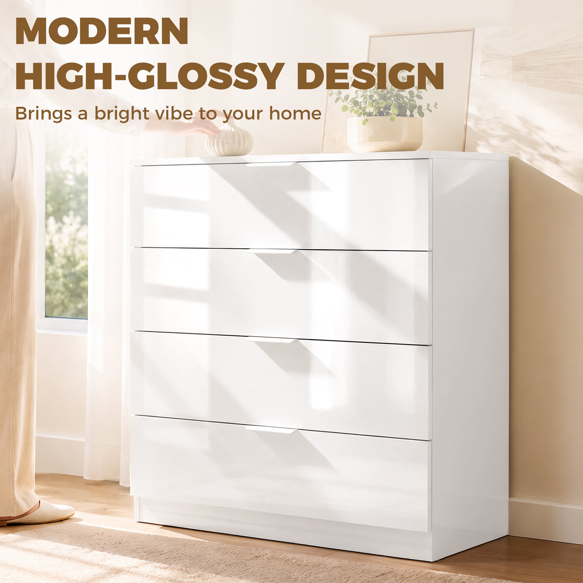 High Gloss 4-Drawer Chest of Drawers with Smooth Runners, White