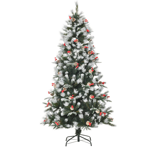 6FT Artificial Snow Dipped Christmas Tree Xmas Pencil Tree Holiday Home Party Decoration with Foldable Feet Red Berries White Pinecones, Green