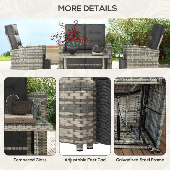 4 Piece Rattan Garden Furniture Set Outdoor Sofa Sectional Set with Glass Top Table for Yard, Poolside, Grey