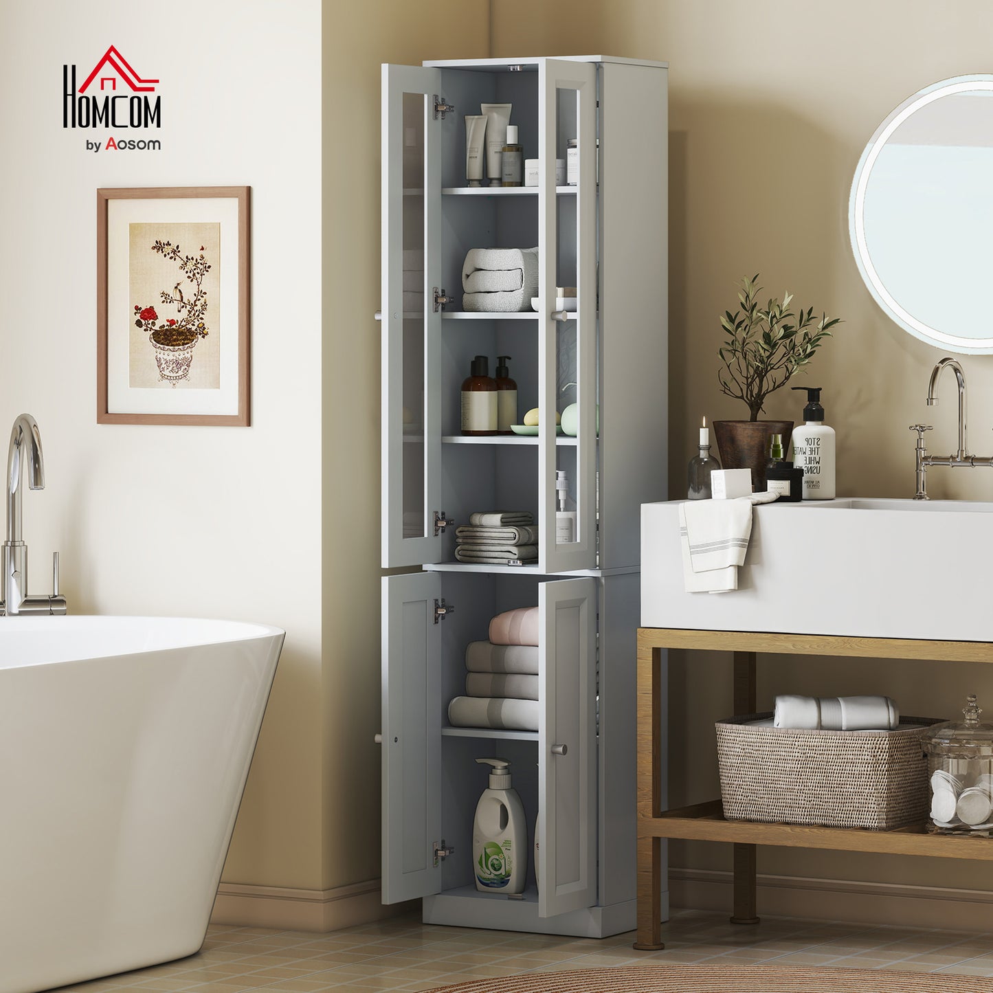 Tall Bathroom Storage Cabinet, 6-Tier Bathroom Cabinet, Dusty Blue