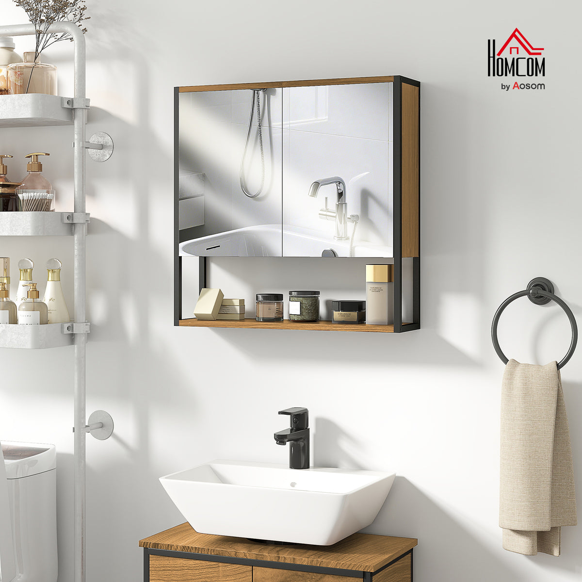 Industrial Bathroom Cabinet with 2 Mirrored Doors Open Shelf, Natural