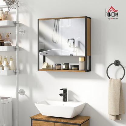 Industrial Bathroom Cabinet with 2 Mirrored Doors Open Shelf, Natural