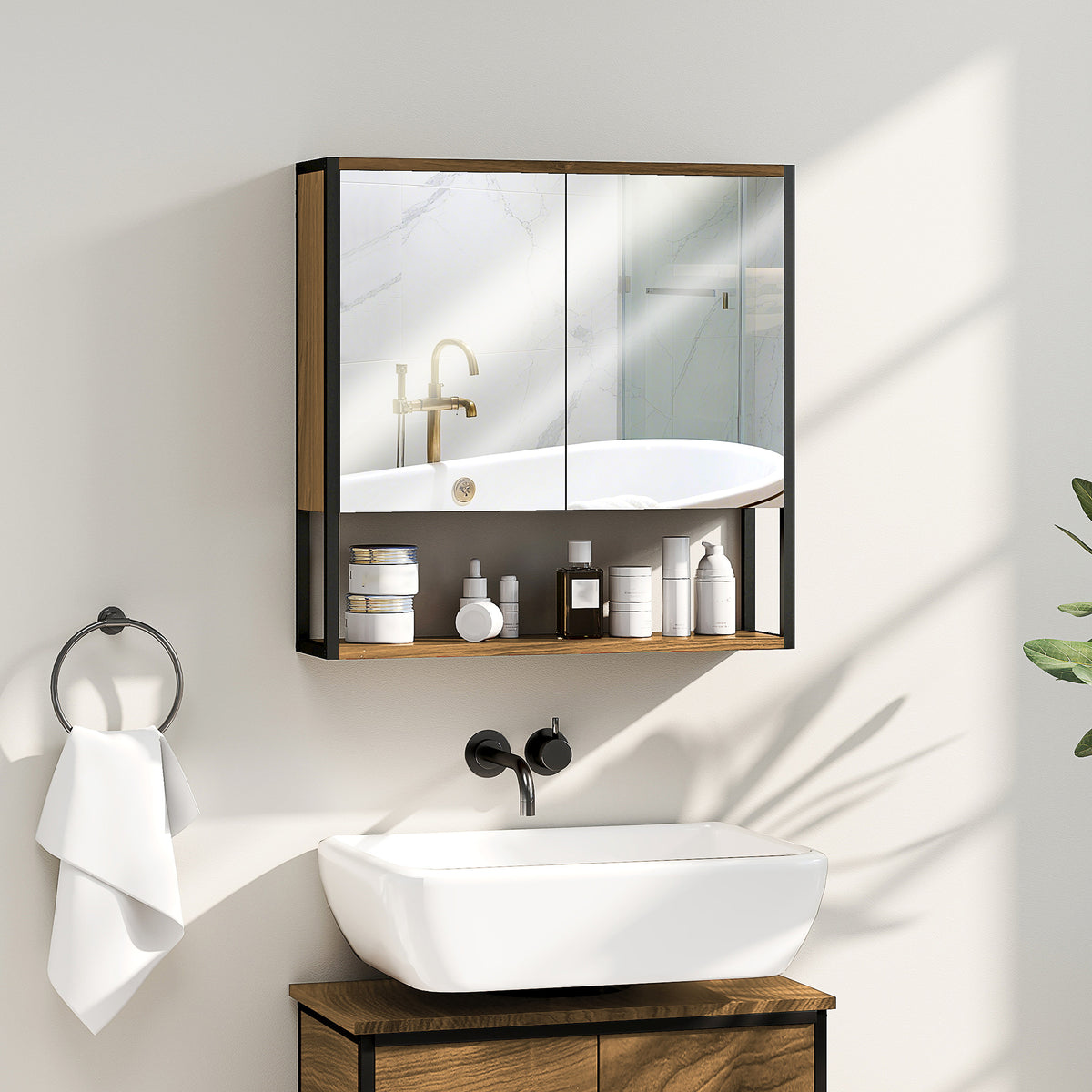 Industrial Bathroom Cabinet with 2 Mirrored Doors Open Shelf, Natural