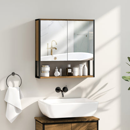 Industrial Bathroom Cabinet with 2 Mirrored Doors Open Shelf, Natural