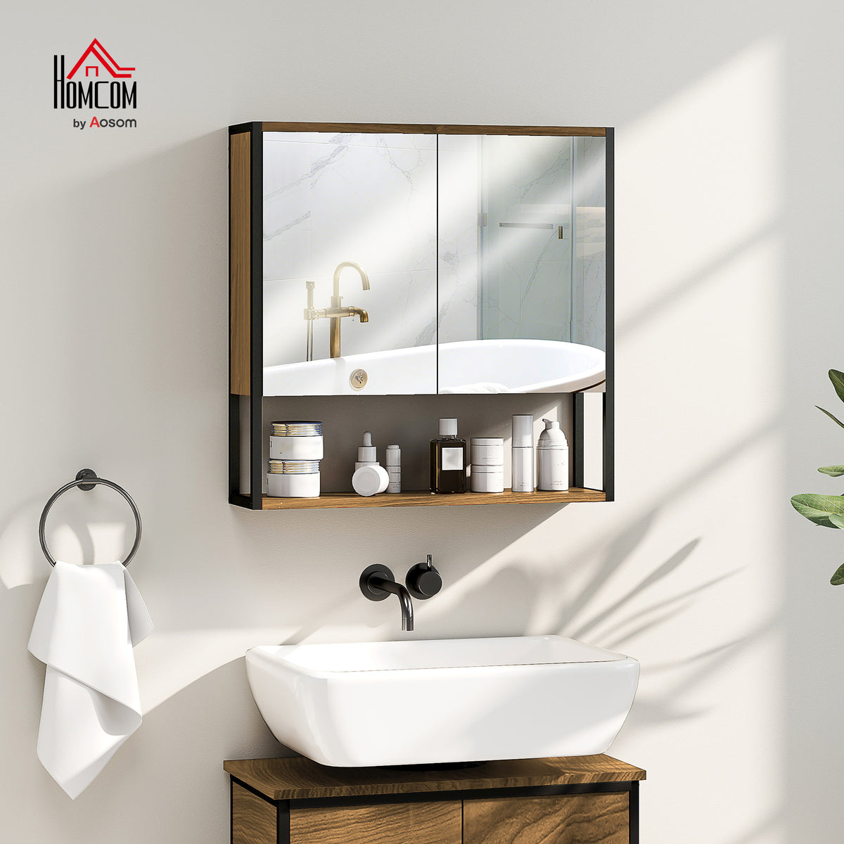 Industrial Bathroom Cabinet with 2 Mirrored Doors Open Shelf, Natural