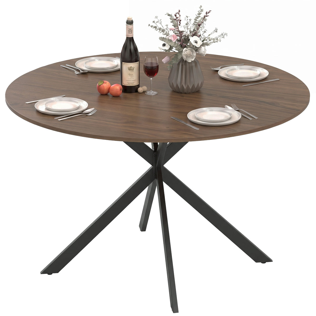 Round Wood-Effect Dining Table for 4 with Steel Cross Legs - Brown & Black