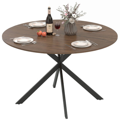 Round Wood-Effect Dining Table for 4 with Steel Cross Legs - Brown & Black
