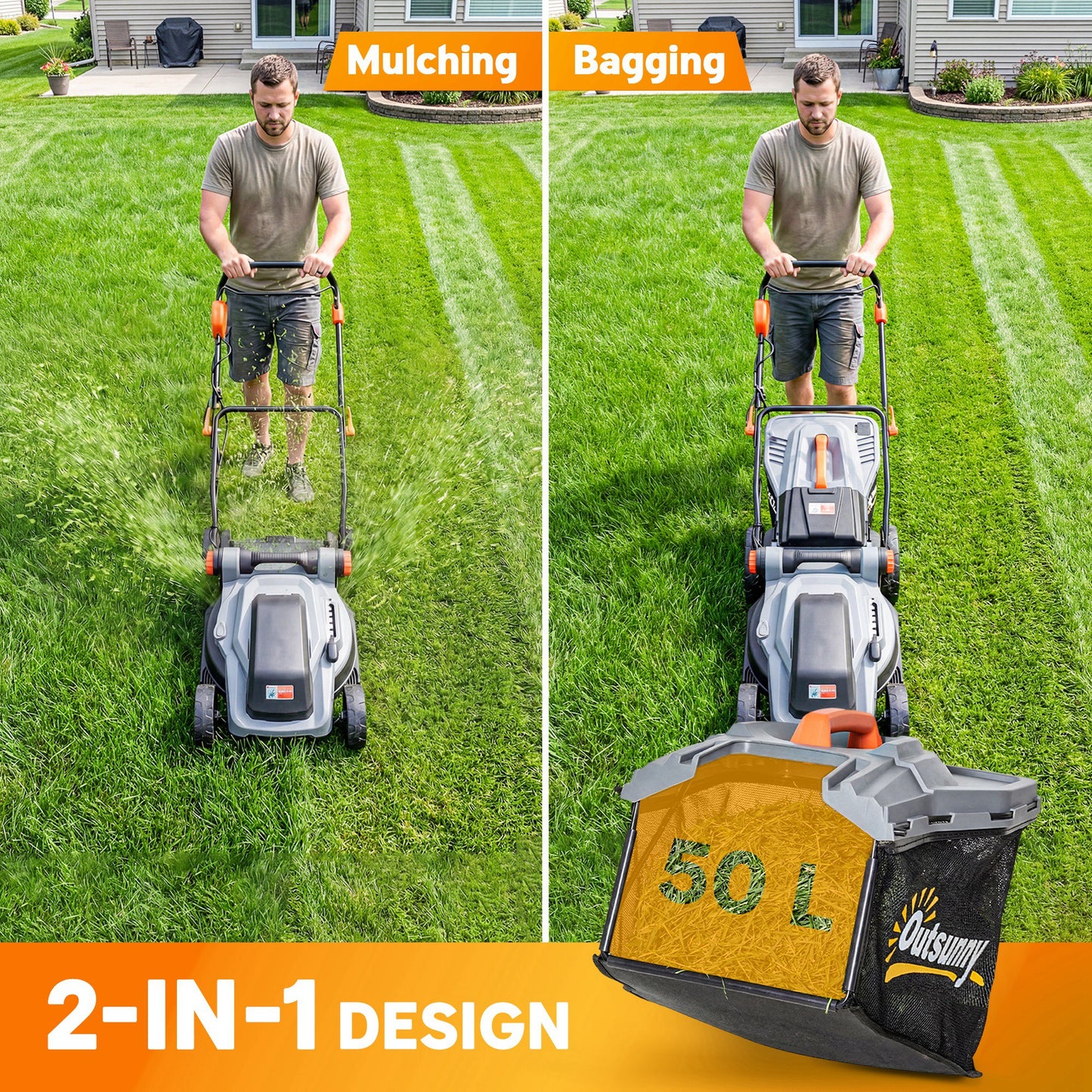 1800W Electric Lawnmower with 40cm Cutting Width, Mulching Feature and 50L Grass Collection Bag, Electric Lawnmower Corded with 6 Cutting Heights, 10m Cable Length, Carry Handle, Light Grey