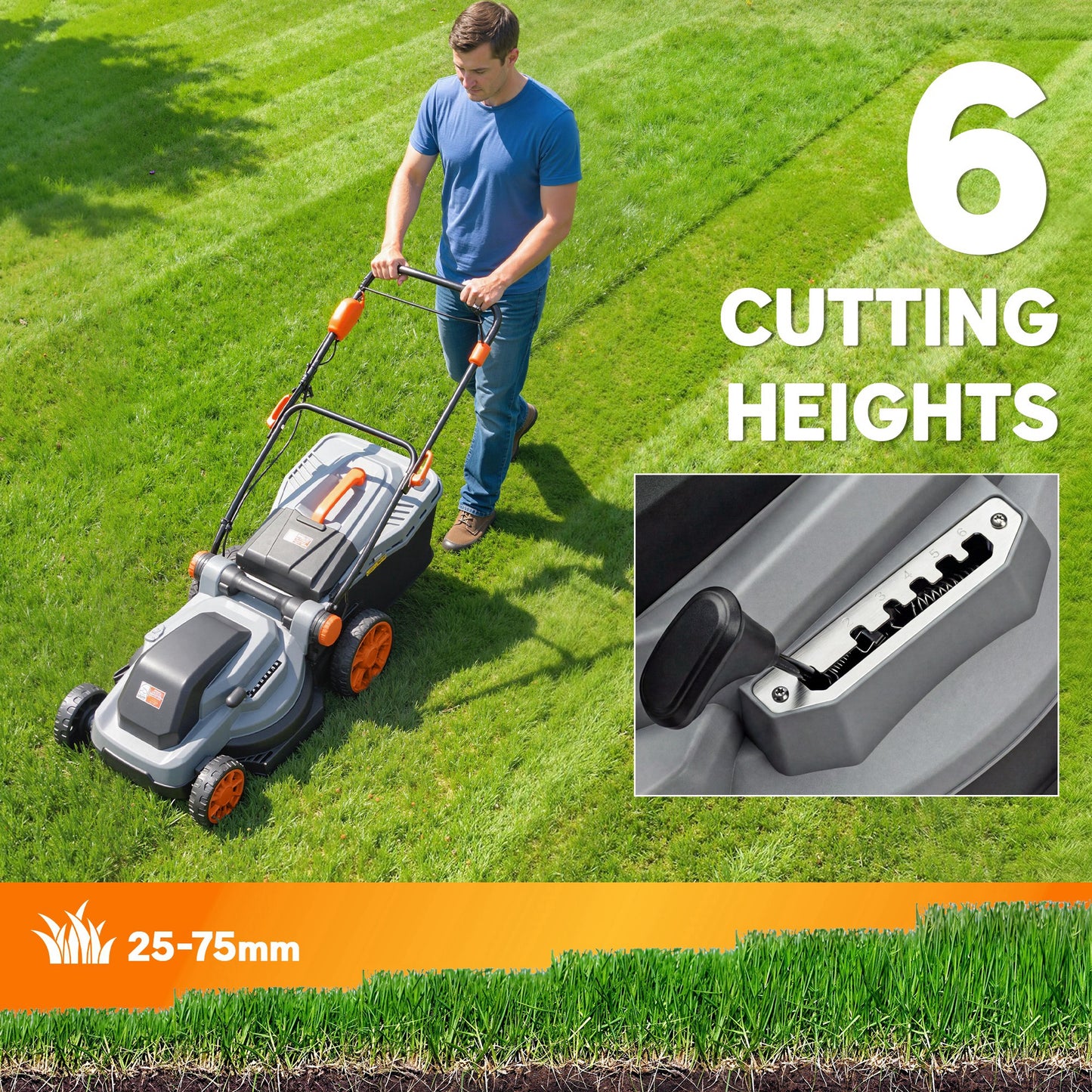 1800W Electric Lawnmower with 40cm Cutting Width, Mulching Feature and 50L Grass Collection Bag, Electric Lawnmower Corded with 6 Cutting Heights, 10m Cable Length, Carry Handle, Light Grey