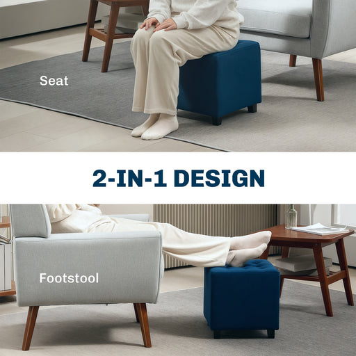 Square Footstool Small Ottoman with Wood Legs for Bedroom Blue