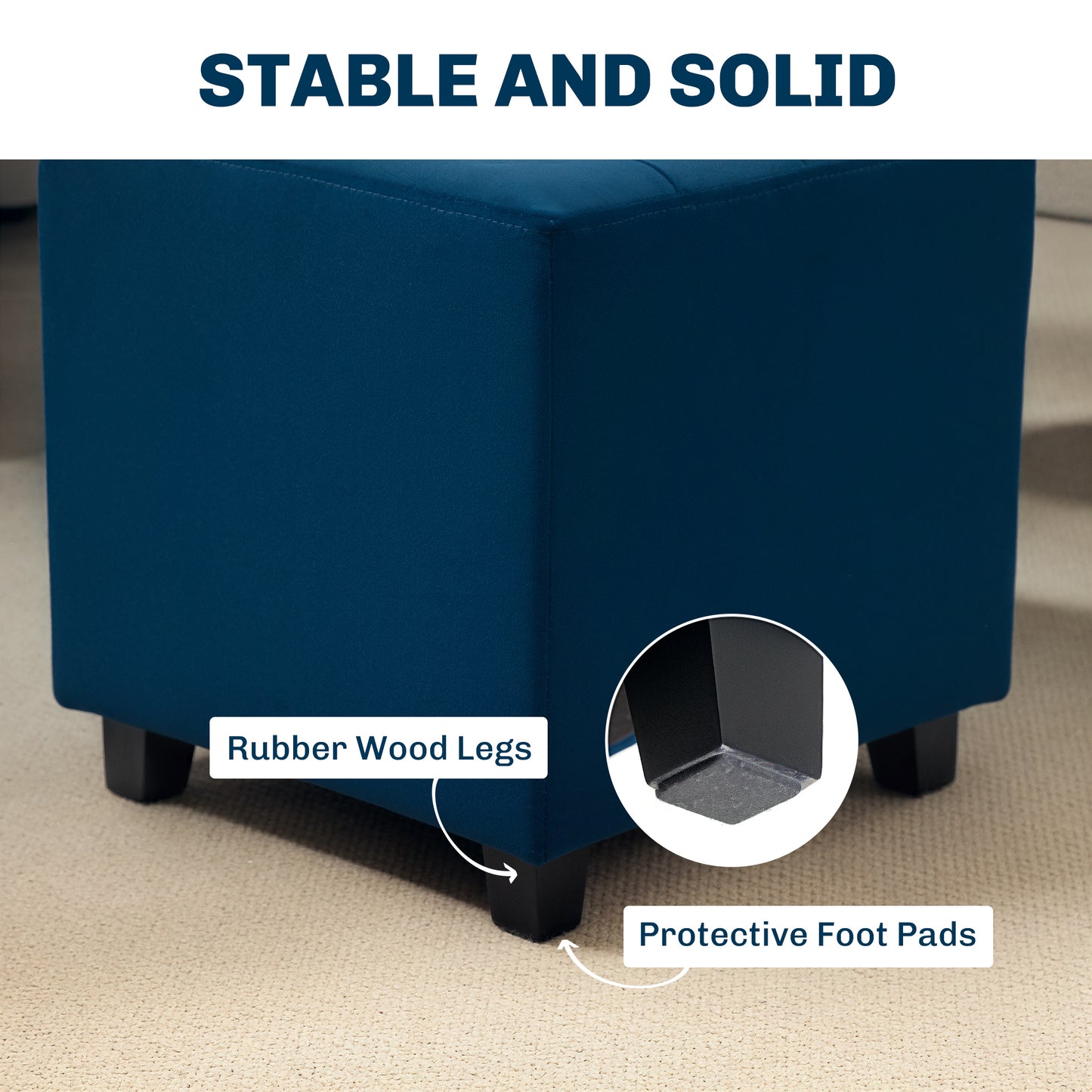 Square Footstool Small Ottoman with Wood Legs for Bedroom Blue