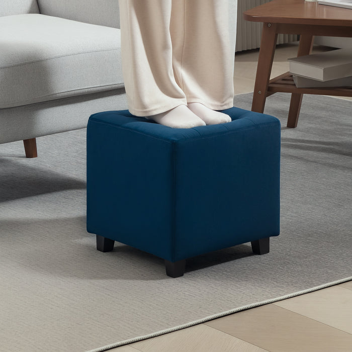 Square Footstool Small Ottoman with Wood Legs for Bedroom Blue