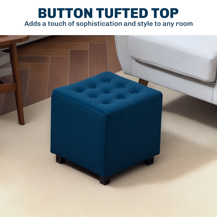 Square Footstool Small Ottoman with Wood Legs for Bedroom Blue