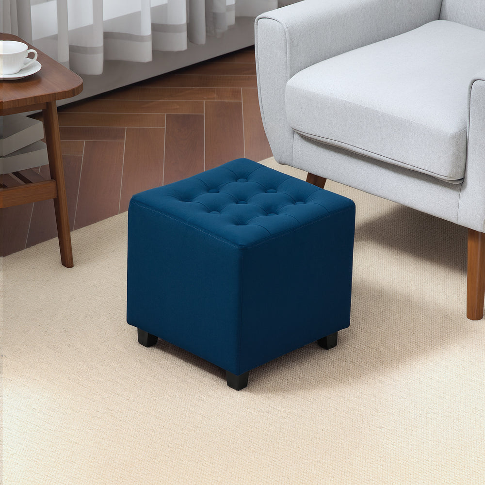 Square Footstool Small Ottoman with Wood Legs for Bedroom Blue