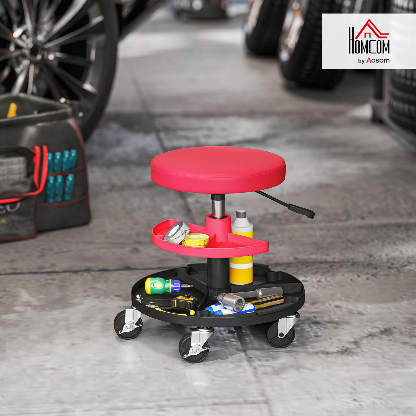 Rolling Mechanic Stool, 135kg Capacity Workshop Stool, 360° Swivel Roller Padded Creeper Seat with Wheels, Tool Trays Storage for Garage, Shop, Auto Repair, Red