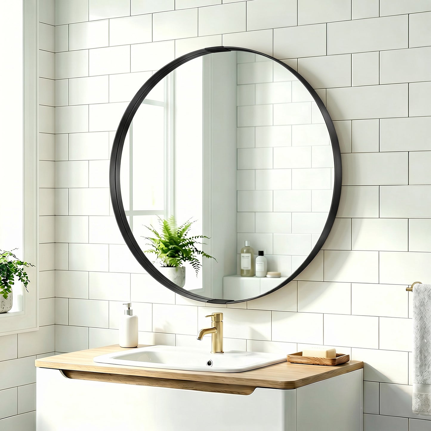 Round Wall Mirror 61 cm, Wall Mounted Bathroom Mirror with Tempered Safety Glass and Aluminium Alloy Frame for Living Room, Bedroom, Entryway, Home, Black