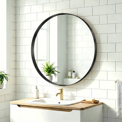 Round Wall Mirror 61 cm, Wall Mounted Bathroom Mirror with Tempered Safety Glass and Aluminium Alloy Frame for Living Room, Bedroom, Entryway, Home, Black